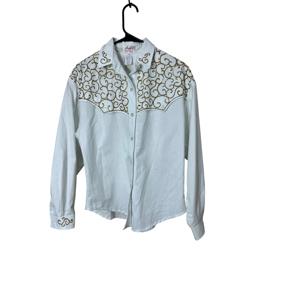 j lynns Glitzy Apparel Womens White Long Sleeve Western Shirt Medium Gold Swirls